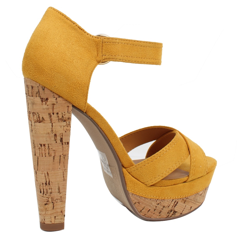 Size 8 Mustard Faux Suede Cork Platform Heel Sanda - Picture 3 of 5